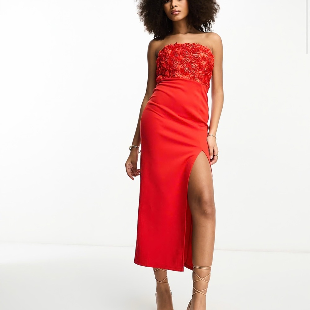 NWT ASOS DESIGN bandeau textured rose high split midi dress US Sz 12